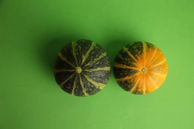 Yeşil arka planda balkabakları. Sonbahar hasadı