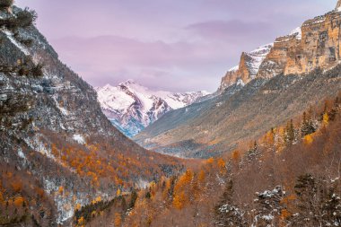 Pireneler İspanya 'da karlı sonbaharda Ordesa Ulusal Vadisi
