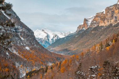 Pireneler İspanya 'da karlı sonbaharda Ordesa Ulusal Vadisi