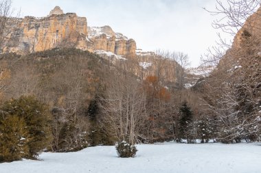 Pireneler İspanya 'da karlı sonbaharda Ordesa Ulusal Vadisi