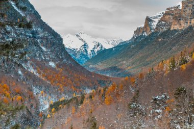 Pireneler İspanya 'da karlı sonbaharda Ordesa Ulusal Vadisi