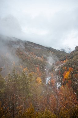 Pireneler İspanya 'da karlı sonbaharda Ordesa Ulusal Vadisi