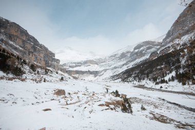 Pireneler İspanya 'da karlı sonbaharda Ordesa Ulusal Vadisi
