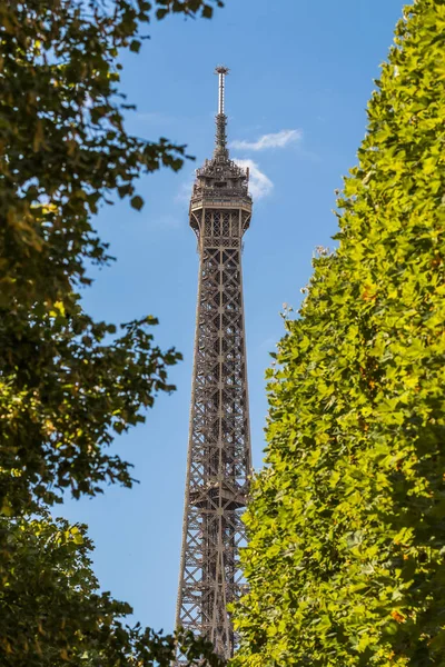 Eiffel Tower in green trees on blue sky — Stock Photo, Image