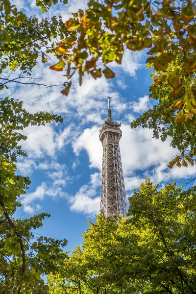 Eiffel Tower in green trees on blue sky — Stock Photo, Image
