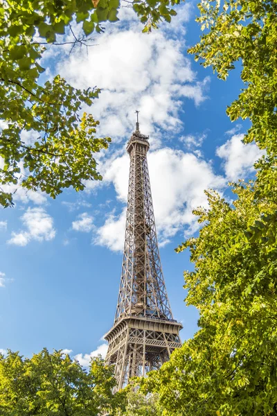 De toren van Eiffel in groene bomen op blauwe hemel — Stockfoto