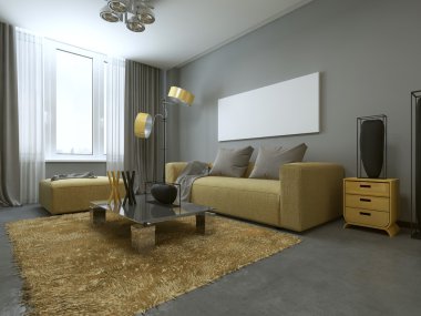 Modern oturma odasında sarı kanepe.