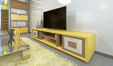 Modern oturma odasında parlak sarı Tv ünitesi. 