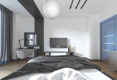 Modern bir tarzda yatak odasında TV standı.