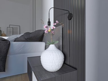 Tasarımcı başucundaki ile modern yatak odası dekor.