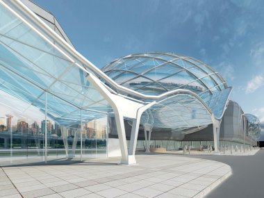 Fütüristik modern tasarım mega alışveriş merkezi cam ve çelik.