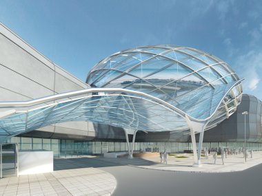 Fütüristik modern tasarım mega alışveriş merkezi cam ve çelik.