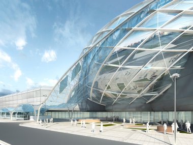 Fütüristik modern tasarım mega alışveriş merkezi cam ve çelik.