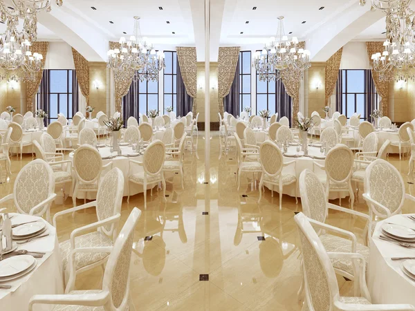 Luxurious ballroom, with white tables and large Windows.