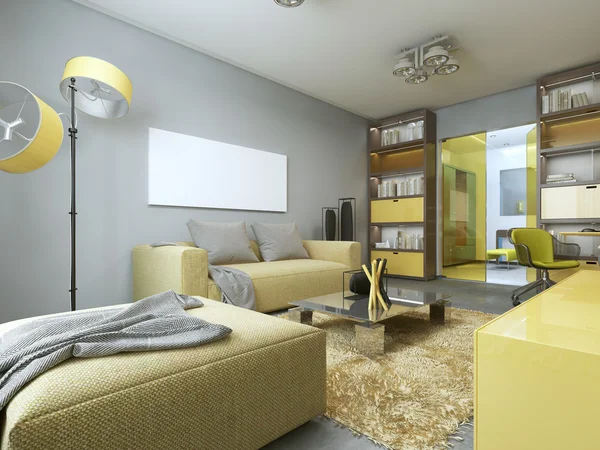 Современная гостиная с желтой мебелью . — стоковое фото