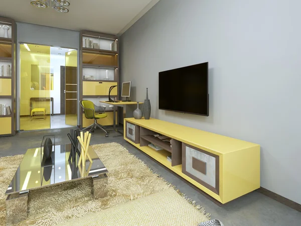 TV unit in living room with yellow TV on the wall. — Stock Photo, Image