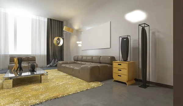Lyxigt modernt vardagsrum i ljusgrå, gult och panna — Stockfoto
