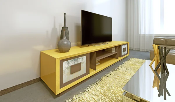 Heldere gele Tv eenheid in moderne woonkamer. — Stockfoto