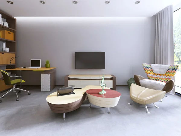 Unidad de TV en una sala de estar contemporánea con espacio de trabajo . —  Fotos de Stock