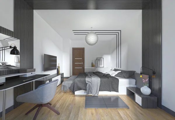 Роскошная, современная спальня в современном стиле в черном и белом — стоковое фото