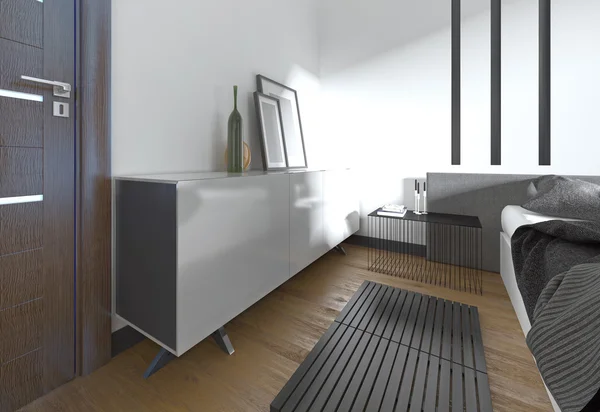 Moderne weiße Kommode mit Dekor im Schlafzimmer. — Stockfoto