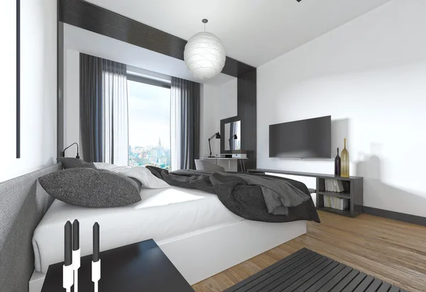 Dormitor luxos, modern în stil contemporan în negru și whi — Fotografie, imagine de stoc
