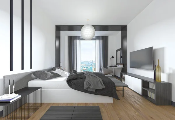 Роскошная, современная спальня в современном стиле в черном и белом — стоковое фото