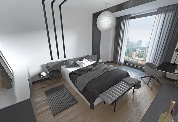 Modernes Bett im Schlafzimmer, zeitgenössischer Stil. — Stockfoto