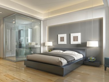 Modern otel odası çağdaş tarzı art Deco unsurları ile.