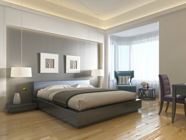 Modern otel odası çağdaş tarzı art Deco unsurları ile.