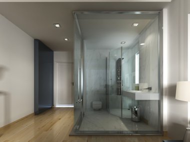 Cam banyo çağdaş bir tasarımla bir lüks otel odasında