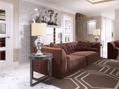 Kestane rengi koltuk siyah yan tabloları ve Masa lambaları ile.