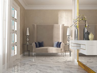 Kanepe, iki yan tabloları ve lambalar ile yüksek arka art Deco.