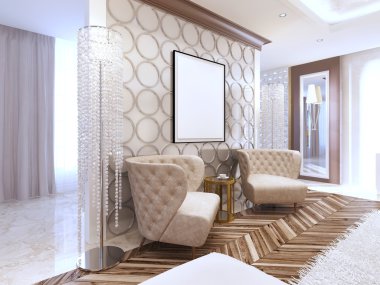 Oturma odası art Deco iki tasarımcı deri koltuk.