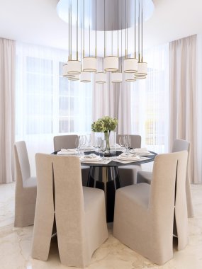 Modern yemek masası altı sandalye ile.