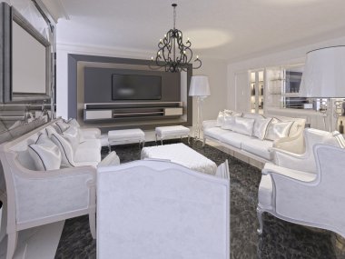 Lüks salon iç ve siyah depoda Tv bir deco beyaz
