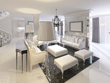Art Deco oturma odası tasarımı ile beyaz mobilya siyah konsol.