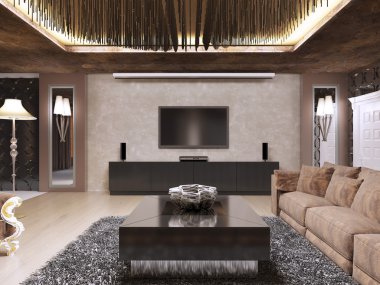 Modern tarzda tasarlanmış lüks oturma odasında TV ünitesi.