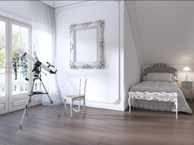 Büyük bir pencere ve çocuk odasında bir teleskop.