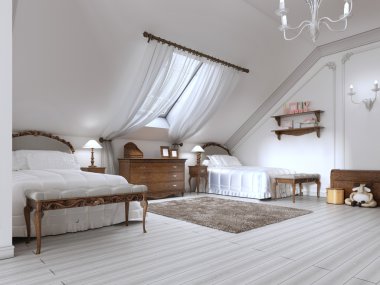 Lüks çocuk odası iki yatak ve bir çatı penceresi.