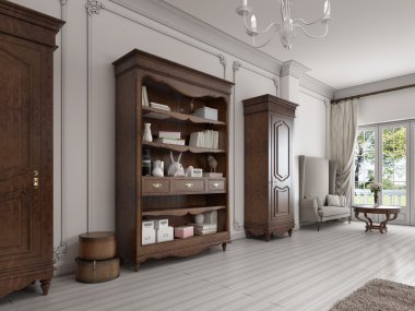 Kahverengi renkleri ile kitap ve de iki klasik dolap ve raf