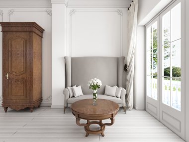 Art Deco sofa ile yüksek bir geri ve iki klasik kabine raf ile