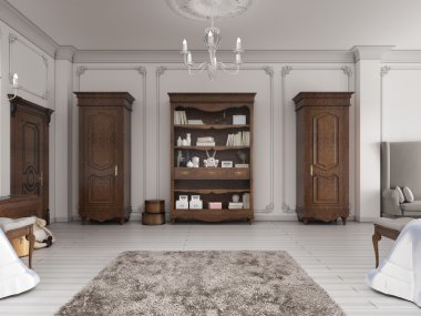 Kahverengi renkleri ile kitap ve de iki klasik dolap ve raf