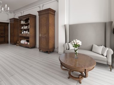 Art Deco sofa ile yüksek bir geri ve iki klasik kabine raf ile