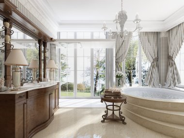 Neo-klasik tarzda lüks banyo küvetleri ve bir lar lavabo