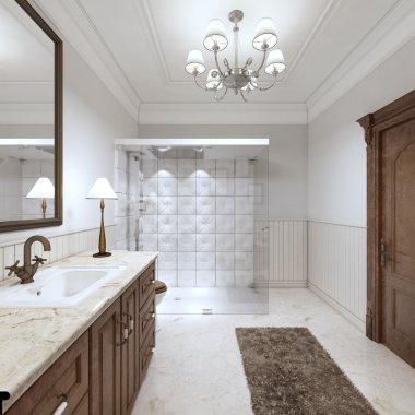 Büyük cam duş ile İngiliz tarzında parlak banyo.