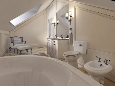 Provence tarzında çatı katta lüks banyo.