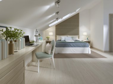 Modern bir tarzda çatı katta büyük yatak odası.