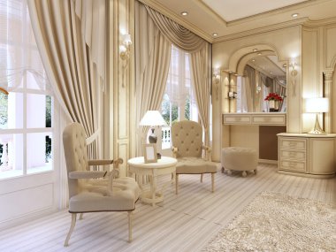 Tuvalet Masası ve klasik luxur bir masa lambası ile iki sandalye