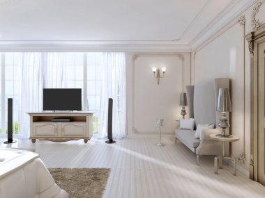 Bir büyük kanepe ve Tv ünitesi büyük pencere ile lüks yatak odası